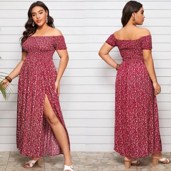 Off Shoulder Red Floral Smocked Dress Two Front Slits Short Sleeves - Picture 2 of 5